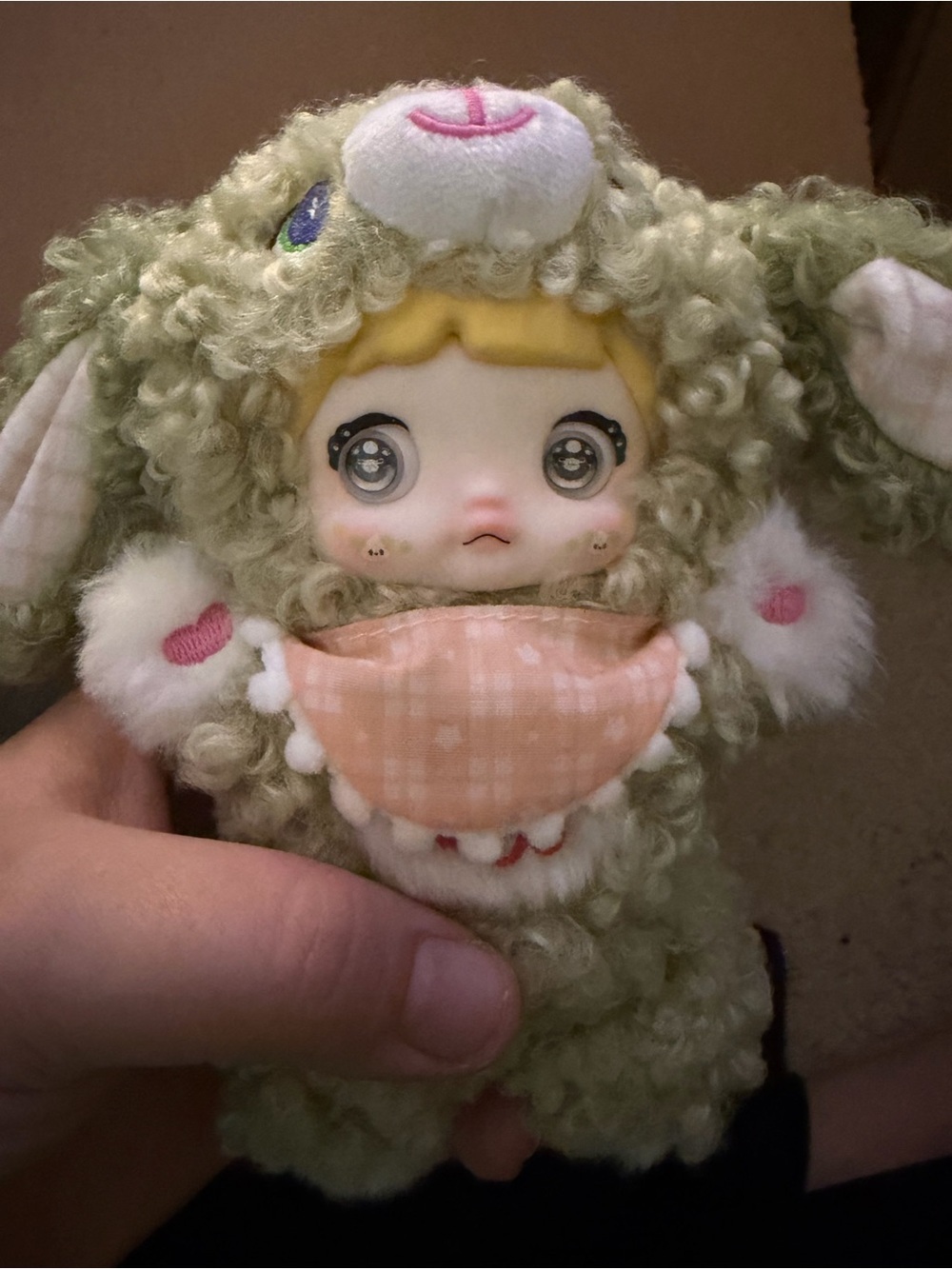 Plush Green Lamb Doll with Peach Bandana - Cute Decorative Toy
